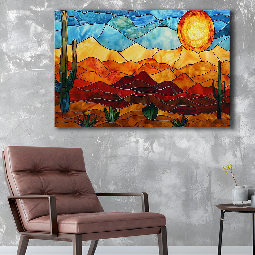 Arizona Desert, Stained Glass Style Sonoran Desert And Saguaro Painting, Canvas Print Wall Art, Wall Decor, Painting Canvas