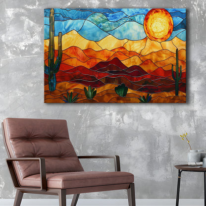 Arizona Desert, Stained Glass Style Sonoran Desert And Saguaro Painting, Canvas Print Wall Art, Wall Decor, Painting Canvas