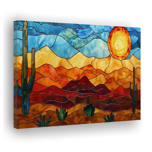 Arizona Desert, Stained Glass Style Sonoran Desert And Saguaro Painting, Canvas Print Wall Art, Wall Decor, Painting Canvas
