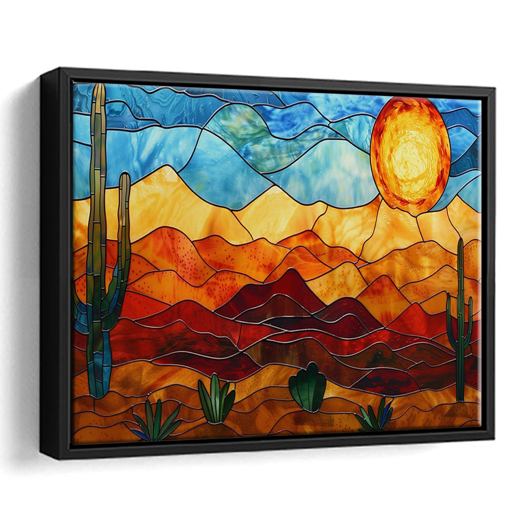 Arizona Desert, Stained Glass Style Sonoran Desert And Saguaro Painting, Framed Canvas Print Wall Art, Floating Frame