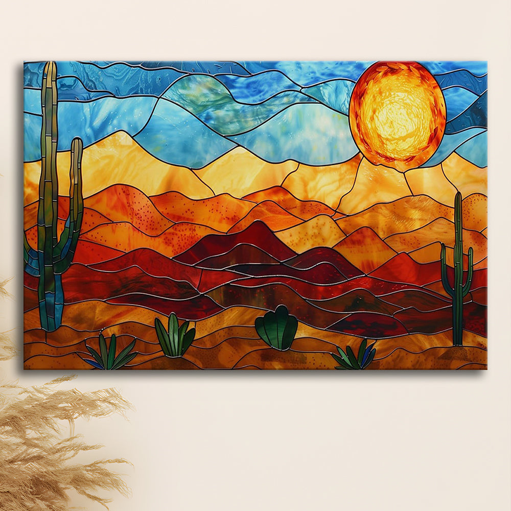 Arizona Desert, Stained Glass Style Sonoran Desert And Saguaro Painting, Canvas Print Wall Art, Wall Decor, Painting Canvas
