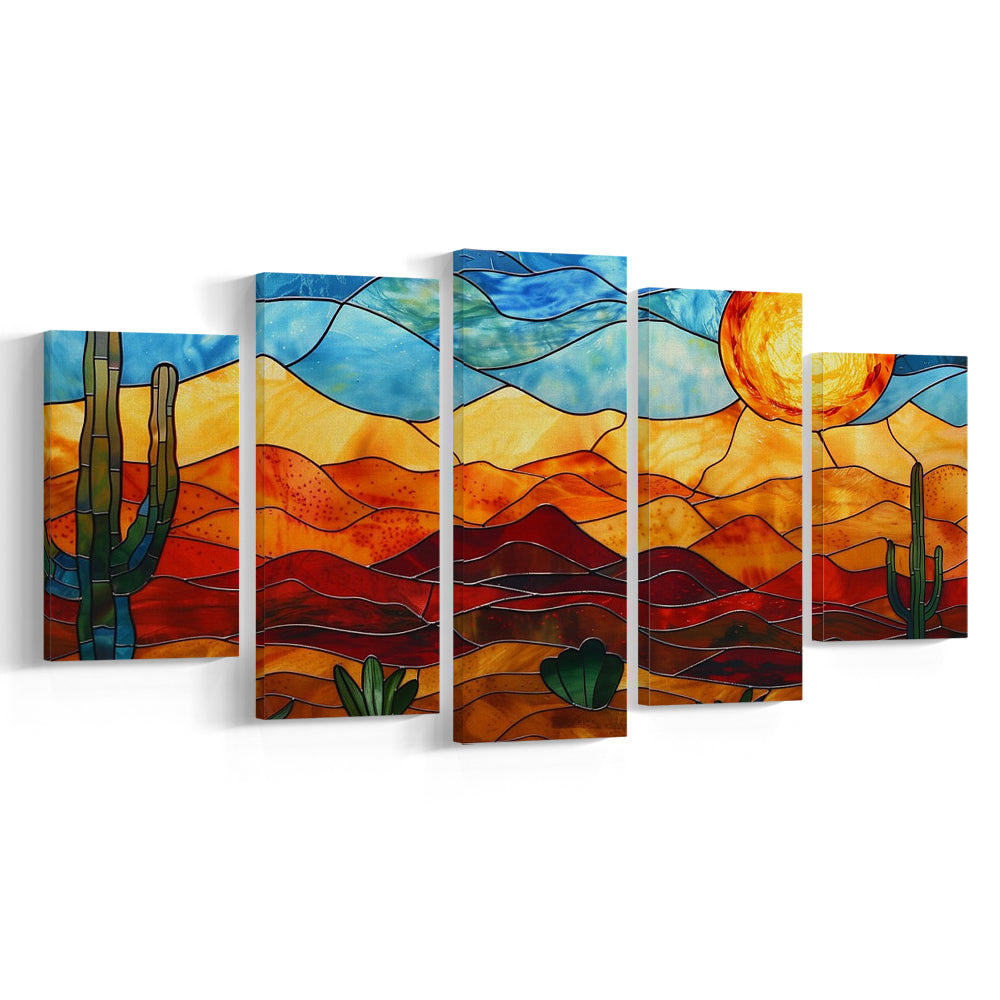 Arizona Desert, Stained Glass Style Sonoran Desert And Saguaro Painting, 5 Panel Mixed Canvas Print Wall Art, Large Canvas