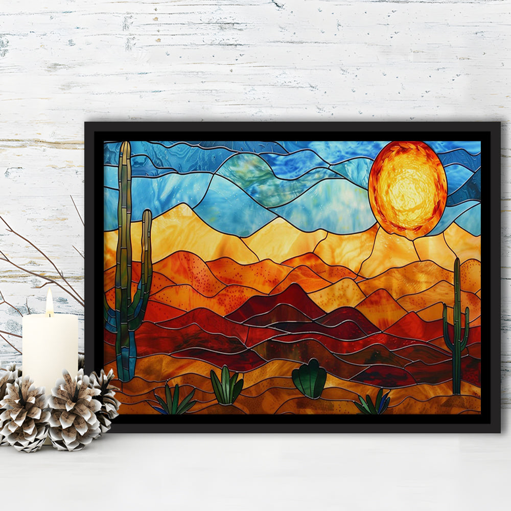 Arizona Desert, Stained Glass Style Sonoran Desert And Saguaro Painting, Framed Canvas Print Wall Art, Floating Frame