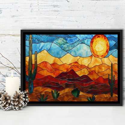 Arizona Desert, Stained Glass Style Sonoran Desert And Saguaro Painting, Framed Canvas Print Wall Art, Floating Frame
