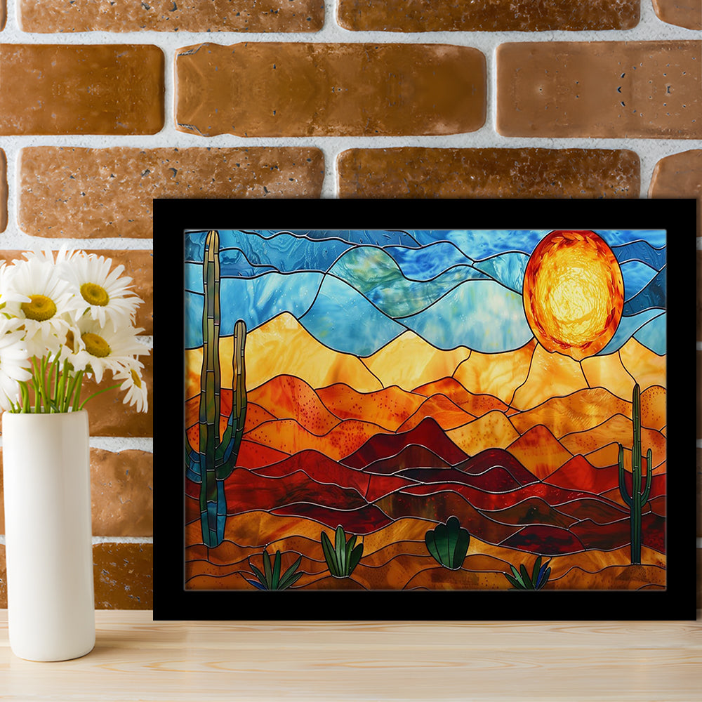 Arizona Desert, Stained Glass Style Sonoran Desert And Saguaro Painting, Framed Art Print Wall Decor, Picture Framed