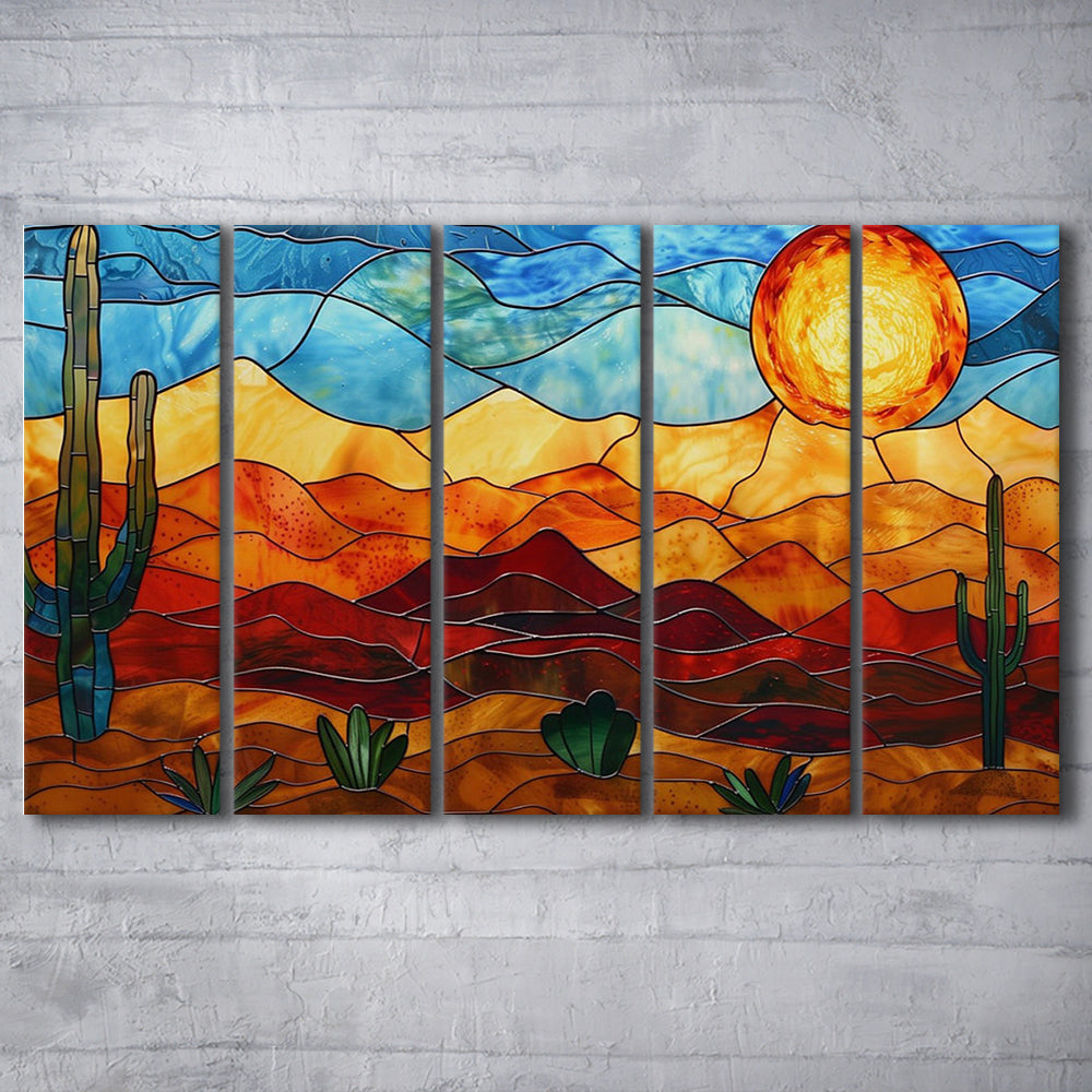 Arizona Desert, Stained Glass Style Sonoran Desert And Saguaro Painting, 5 Panel B Canvas Print Wall Art, Extra Large Canvas