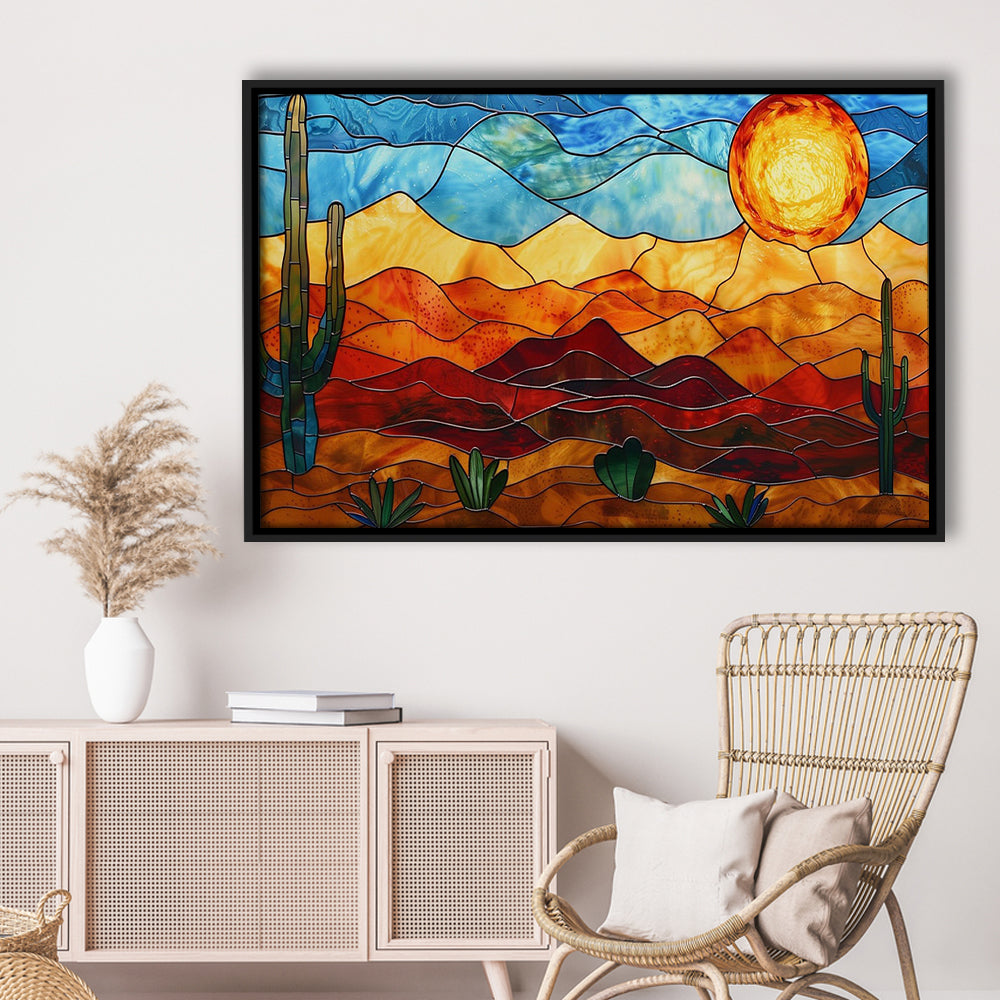 Arizona Desert, Stained Glass Style Sonoran Desert And Saguaro Painting, Framed Canvas Print Wall Art, Floating Frame