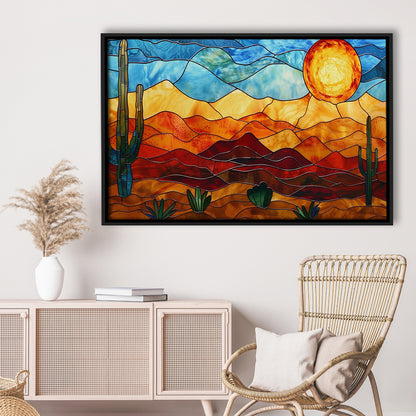 Arizona Desert, Stained Glass Style Sonoran Desert And Saguaro Painting, Framed Canvas Print Wall Art, Floating Frame