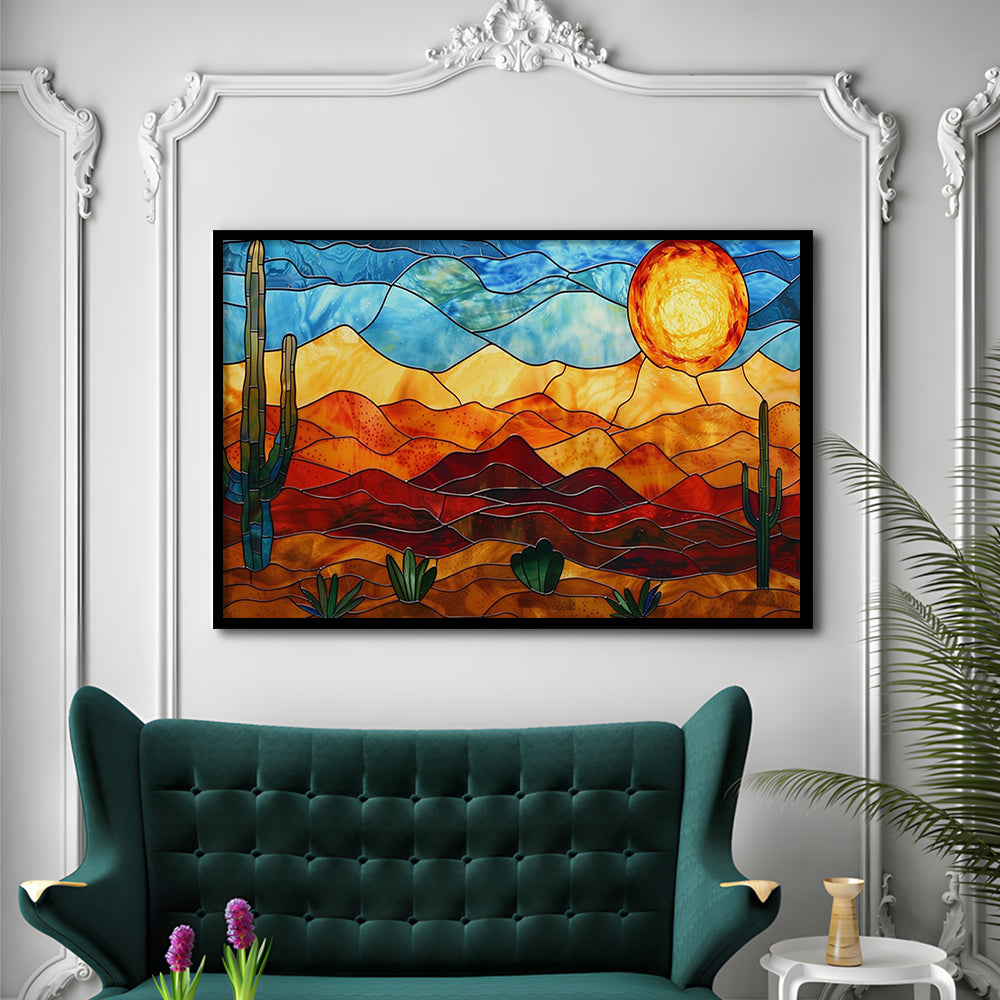Arizona Desert, Stained Glass Style Sonoran Desert And Saguaro Painting, Framed Art Print Wall Decor, Picture Framed