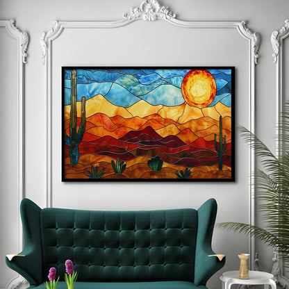 Arizona Desert, Stained Glass Style Sonoran Desert And Saguaro Painting, Framed Art Print Wall Decor, Picture Framed