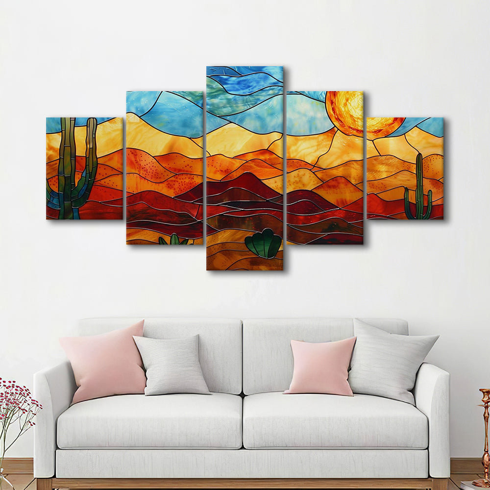 Arizona Desert, Stained Glass Style Sonoran Desert And Saguaro Painting, 5 Panel Mixed Canvas Print Wall Art, Large Canvas