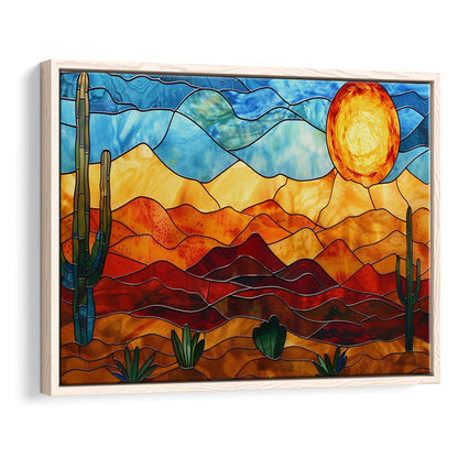 Arizona Desert, Stained Glass Style Sonoran Desert And Saguaro Painting, Framed Canvas Print Wall Art, Floating Frame