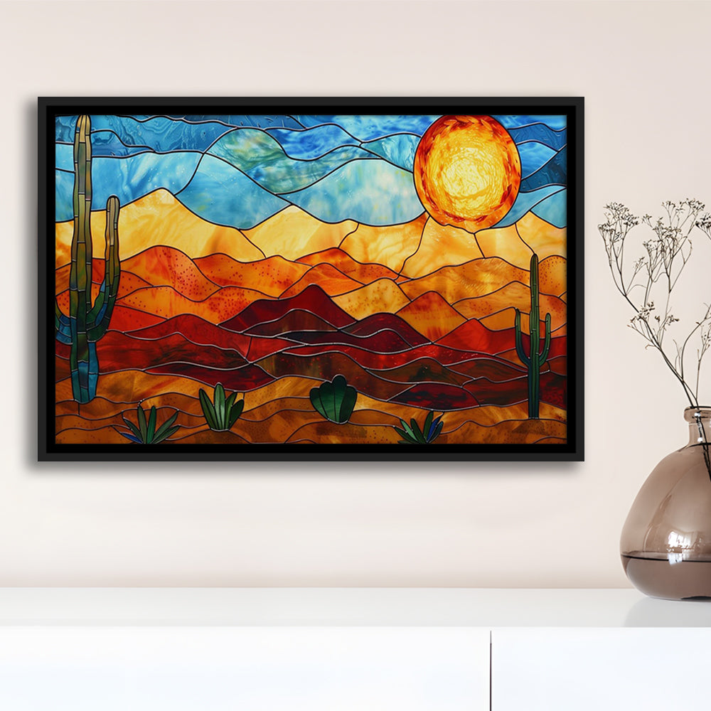 Arizona Desert, Stained Glass Style Sonoran Desert And Saguaro Painting, Framed Canvas Print Wall Art, Floating Frame