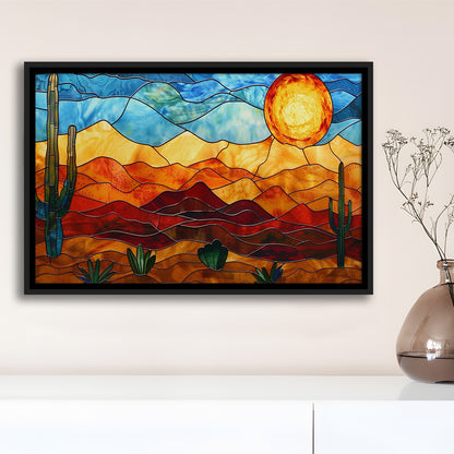Arizona Desert, Stained Glass Style Sonoran Desert And Saguaro Painting, Framed Canvas Print Wall Art, Floating Frame