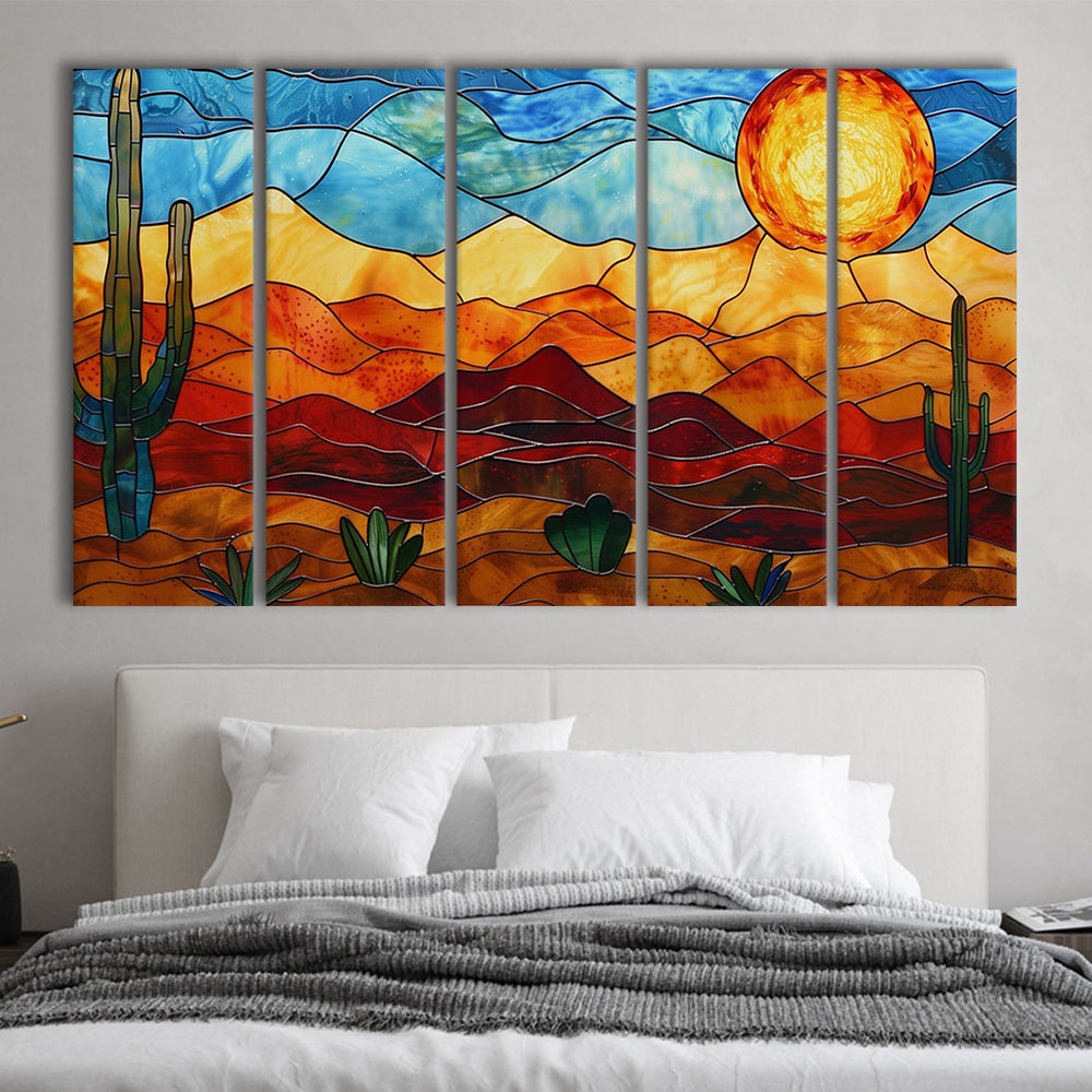 Arizona Desert, Stained Glass Style Sonoran Desert And Saguaro Painting, 5 Panel B Canvas Print Wall Art, Extra Large Canvas