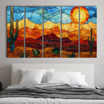 Arizona Desert, Stained Glass Style Sonoran Desert And Saguaro Painting, 5 Panel B Canvas Print Wall Art, Extra Large Canvas