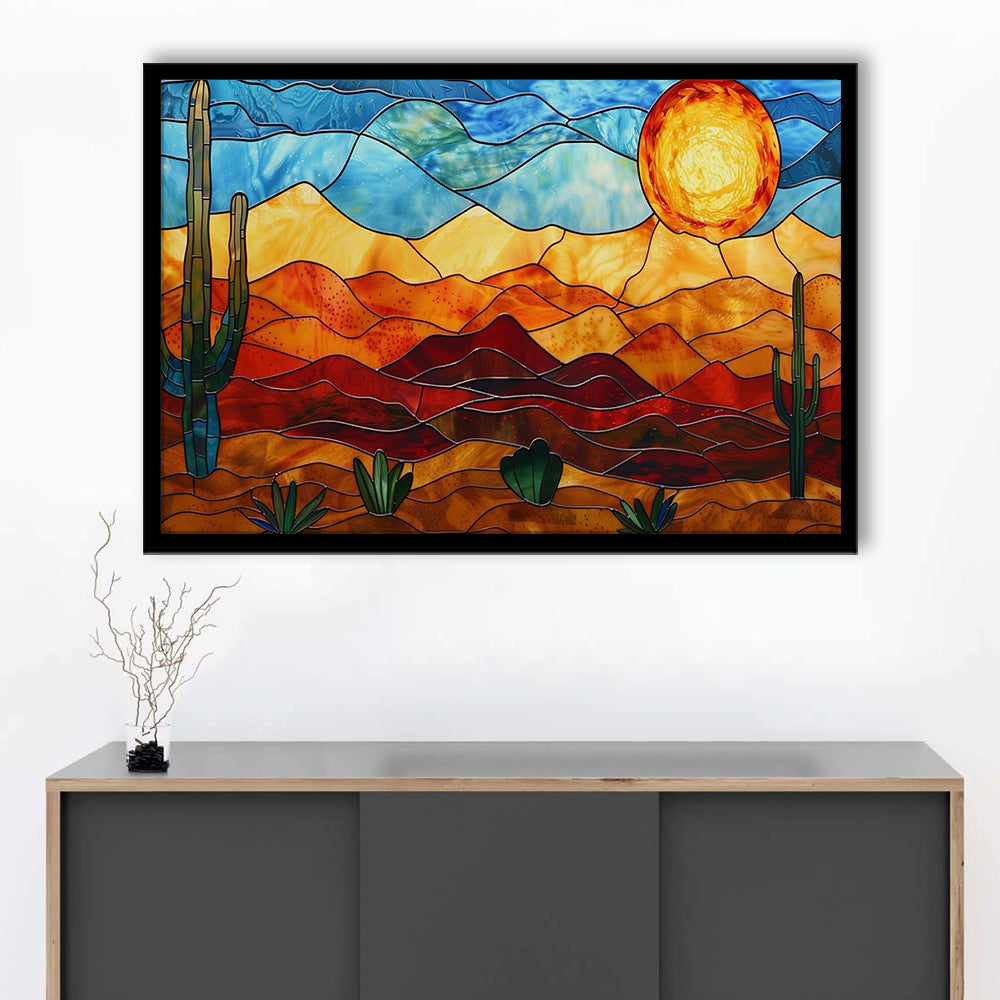 Arizona Desert, Stained Glass Style Sonoran Desert And Saguaro Painting, Framed Art Print Wall Decor, Picture Framed