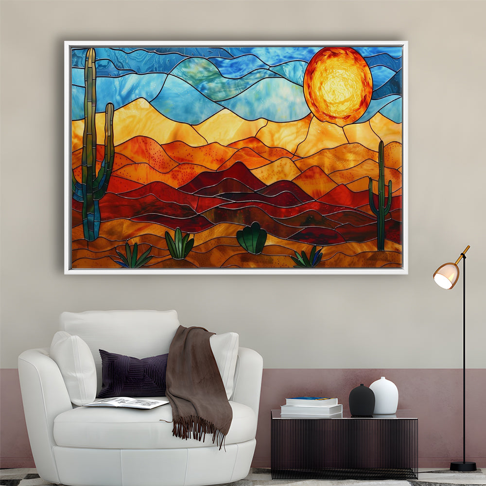 Arizona Desert, Stained Glass Style Sonoran Desert And Saguaro Painting, Framed Canvas Print Wall Art, Floating Frame