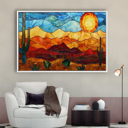 Arizona Desert, Stained Glass Style Sonoran Desert And Saguaro Painting, Framed Canvas Print Wall Art, Floating Frame
