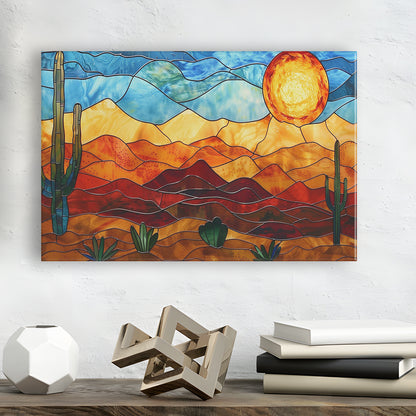 Arizona Desert, Stained Glass Style Sonoran Desert And Saguaro Painting, Canvas Print Wall Art, Wall Decor, Painting Canvas