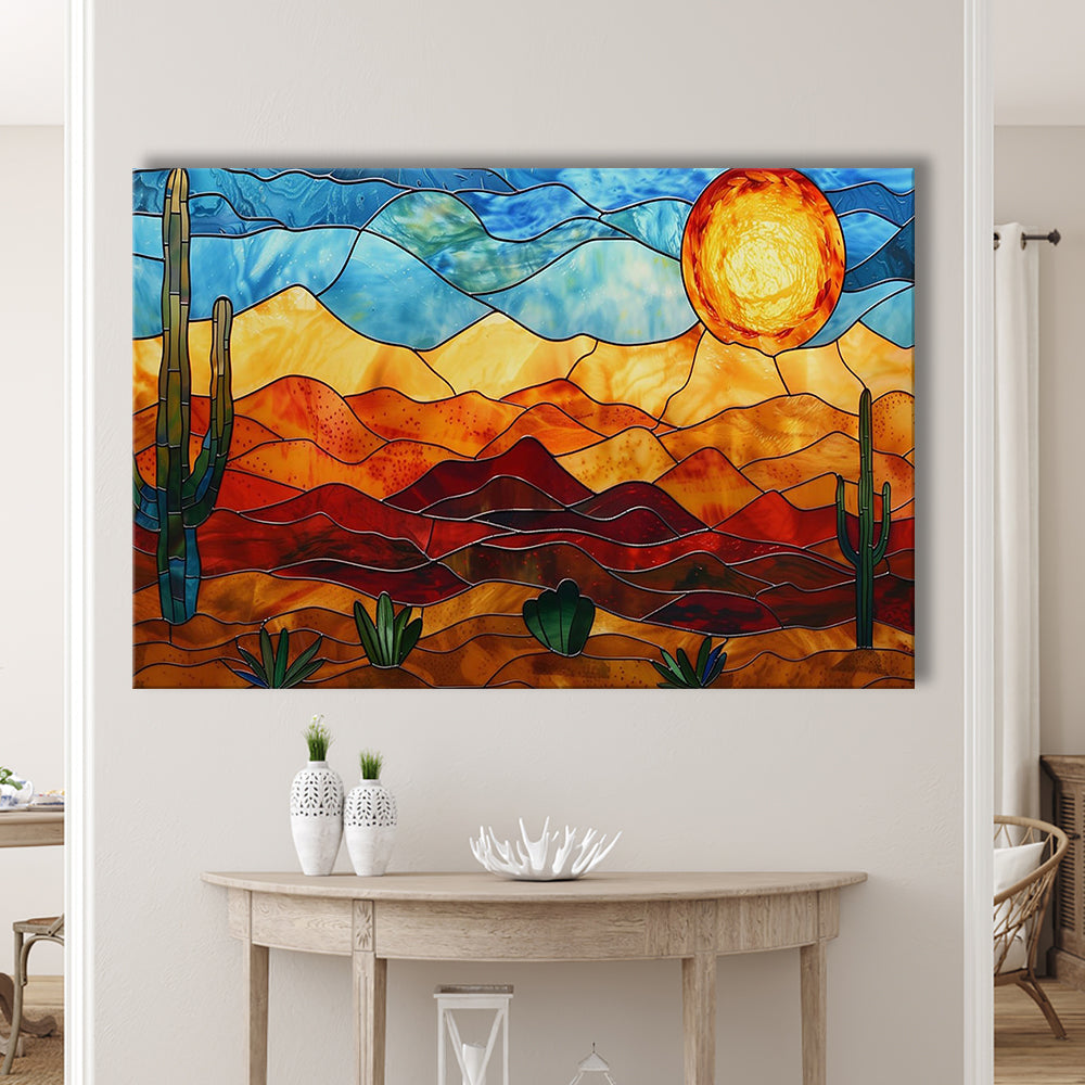 Arizona Desert, Stained Glass Style Sonoran Desert And Saguaro Painting, Canvas Print Wall Art, Wall Decor, Painting Canvas