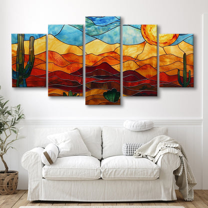 Arizona Desert, Stained Glass Style Sonoran Desert And Saguaro Painting, 5 Panel Mixed Canvas Print Wall Art, Large Canvas