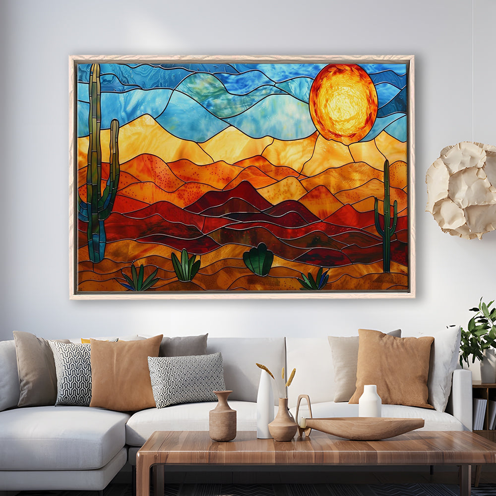 Arizona Desert, Stained Glass Style Sonoran Desert And Saguaro Painting, Framed Canvas Print Wall Art, Floating Frame