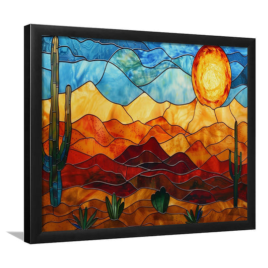 Arizona Desert, Stained Glass Style Sonoran Desert And Saguaro Painting, Framed Art Print Wall Decor, Picture Framed