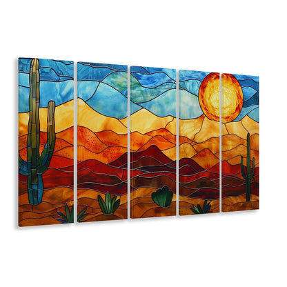 Arizona Desert, Stained Glass Style Sonoran Desert And Saguaro Painting, 5 Panel B Canvas Print Wall Art, Extra Large Canvas