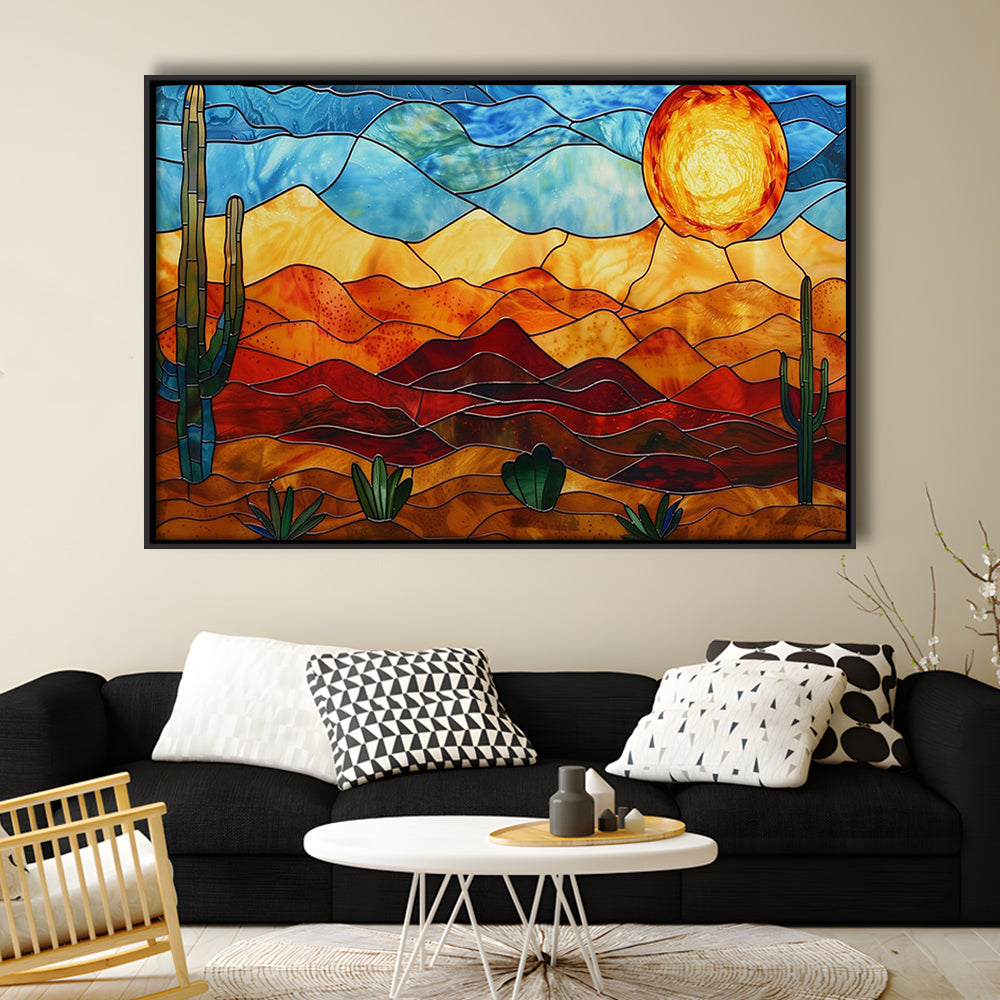 Arizona Desert, Stained Glass Style Sonoran Desert And Saguaro Painting, Framed Canvas Print Wall Art, Floating Frame