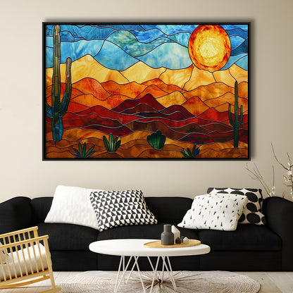 Arizona Desert, Stained Glass Style Sonoran Desert And Saguaro Painting, Framed Canvas Print Wall Art, Floating Frame