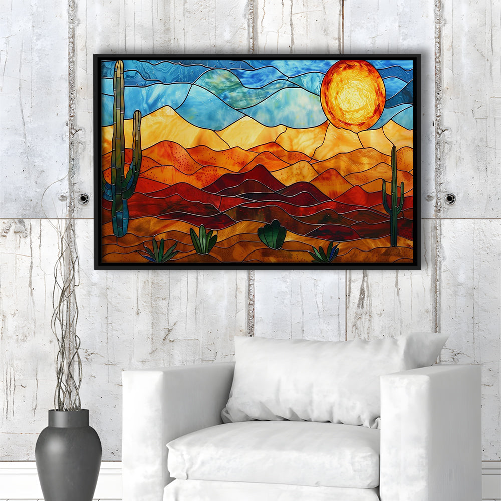Arizona Desert, Stained Glass Style Sonoran Desert And Saguaro Painting, Framed Canvas Print Wall Art, Floating Frame