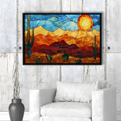 Arizona Desert, Stained Glass Style Sonoran Desert And Saguaro Painting, Framed Canvas Print Wall Art, Floating Frame