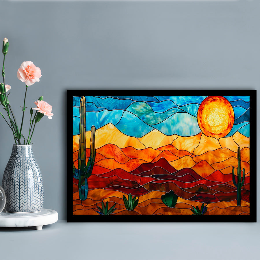 Arizona Desert, Stained Glass Style Sonoran Desert And Saguaro Painting, Framed Art Print Wall Decor, Picture Framed