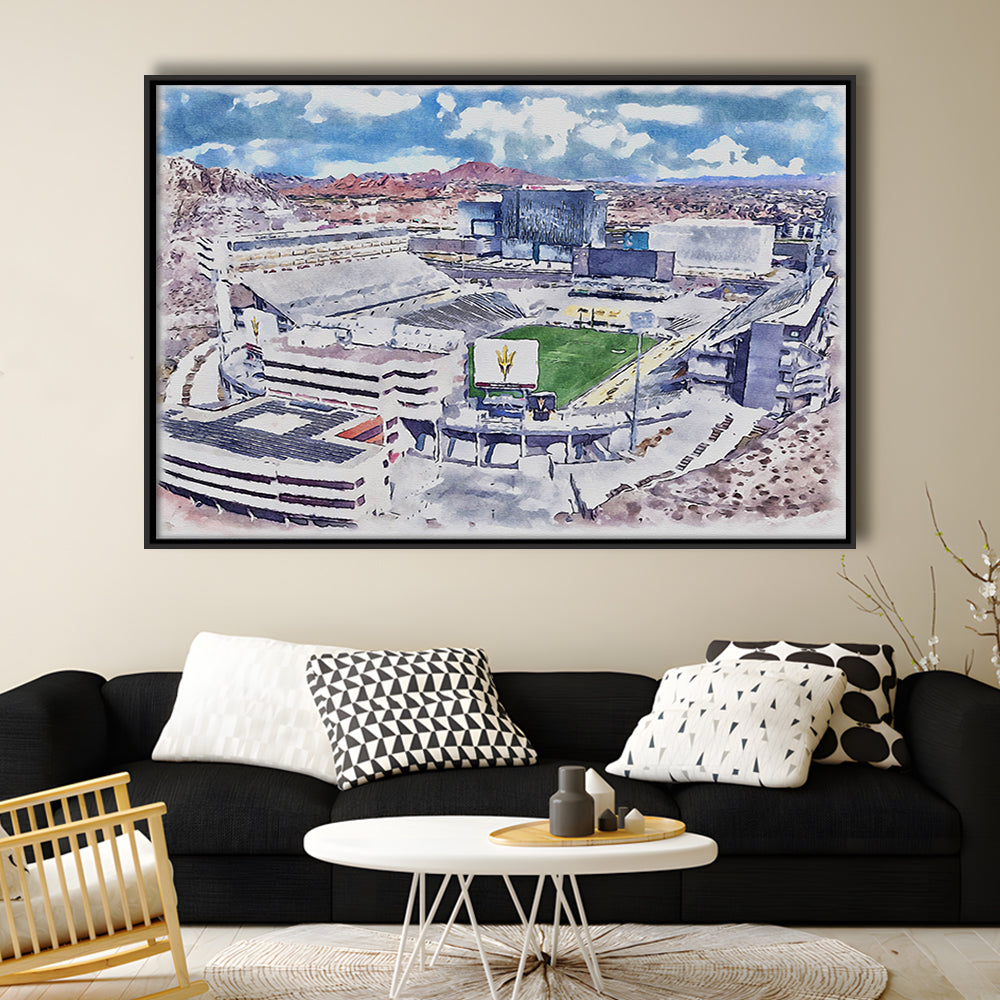 Arizona State Sun Devils, Sun Devil Painting Stadium Watercolor, Sport Gift Art, Framed Canvas Print Wall Art