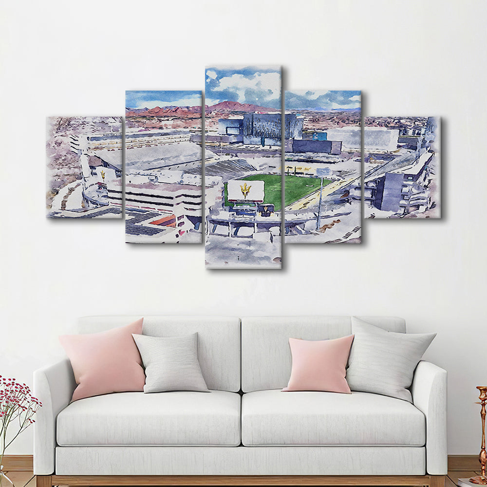 Arizona State Sun Devils, Sun Devil Painting Stadium Watercolor, Sport Art, Mixed 5 Panel, Canvas Print Wall Art