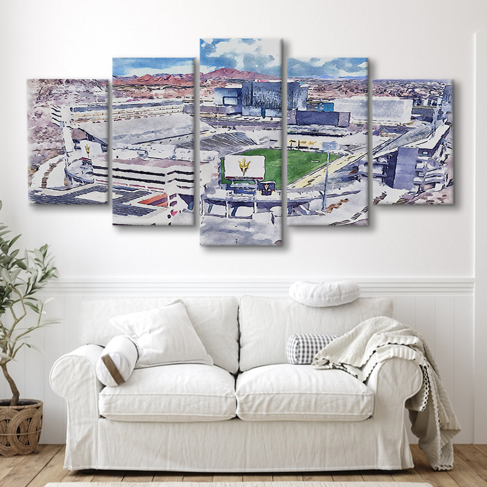 Arizona State Sun Devils, Sun Devil Painting Stadium Watercolor, Sport Art, Mixed 5 Panel, Canvas Print Wall Art