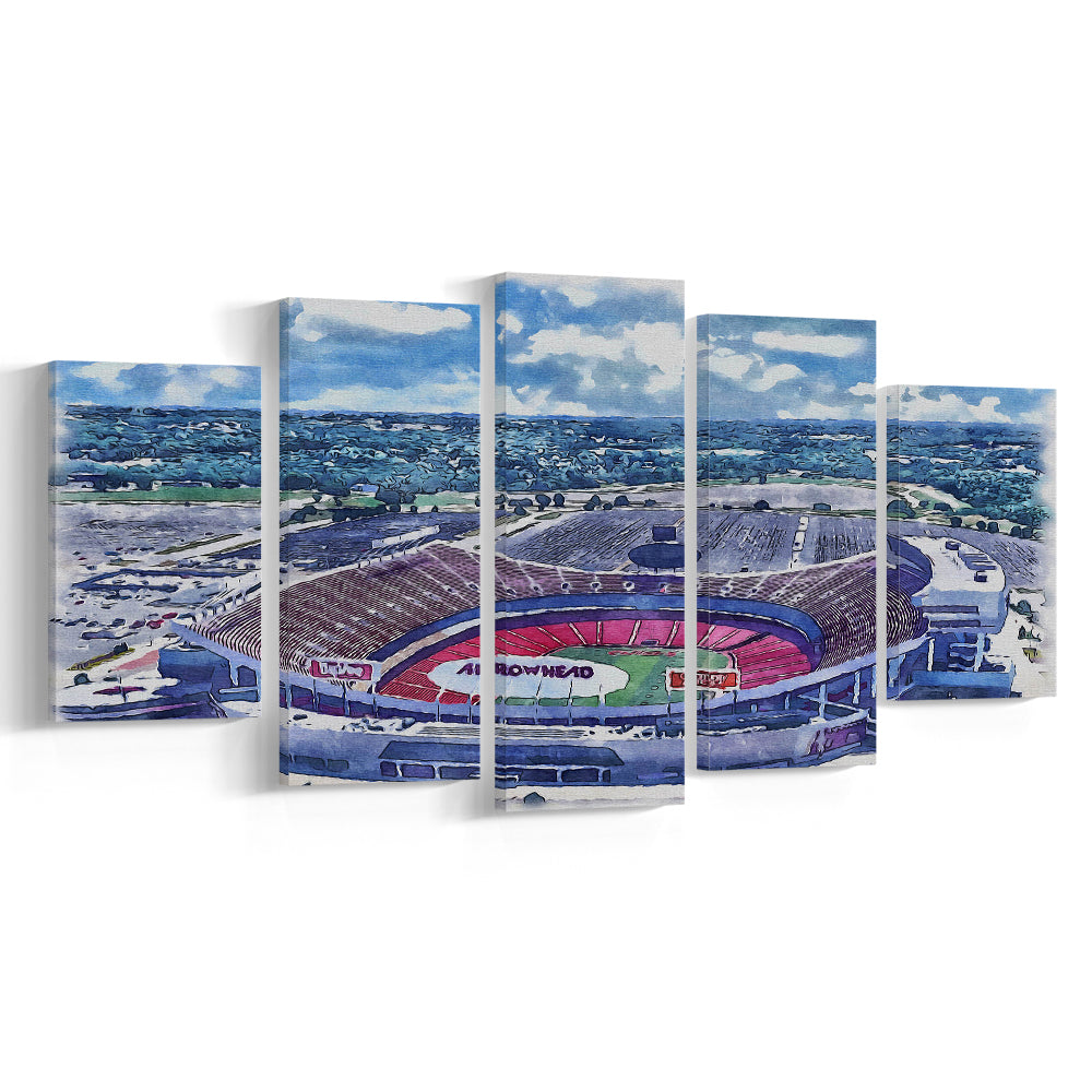 Arrowhead Stadium, Chiefs Football Painting Stadium Watercolor, Sport Art, Mixed 5 Panel, Canvas Print Wall Art