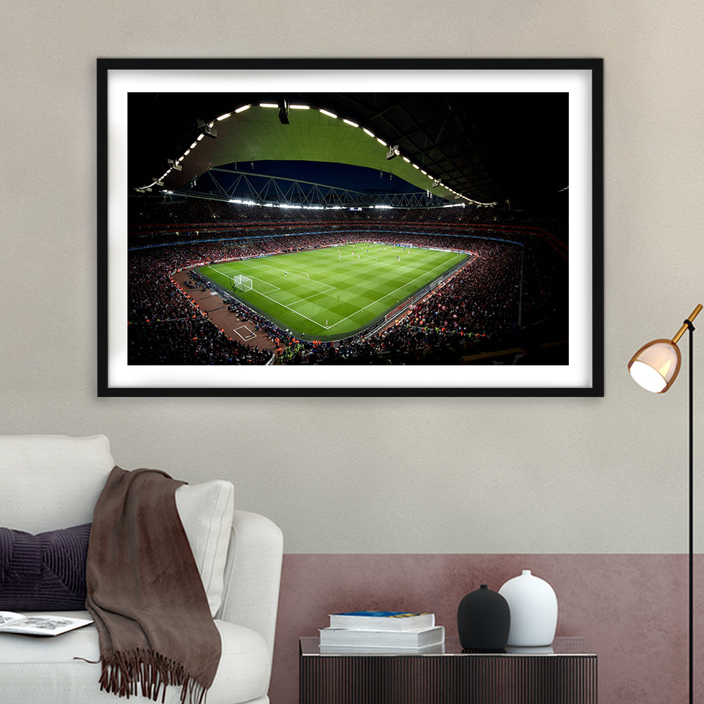 Arsenal Emirates Stadium at Night, Stadium Canvas, Sport Art, Gift for him, White Border Framed Art Print Wall Decor