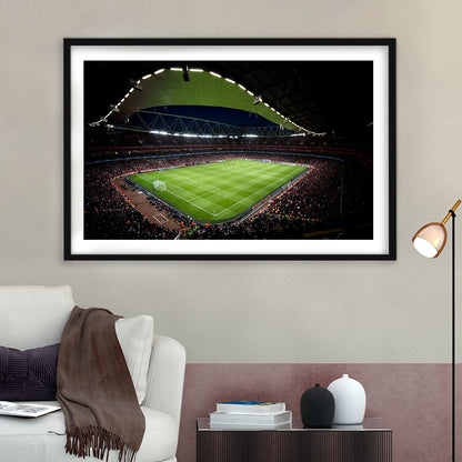 Arsenal Emirates Stadium at Night, Stadium Canvas, Sport Art, Gift for him, White Border Framed Art Print Wall Decor