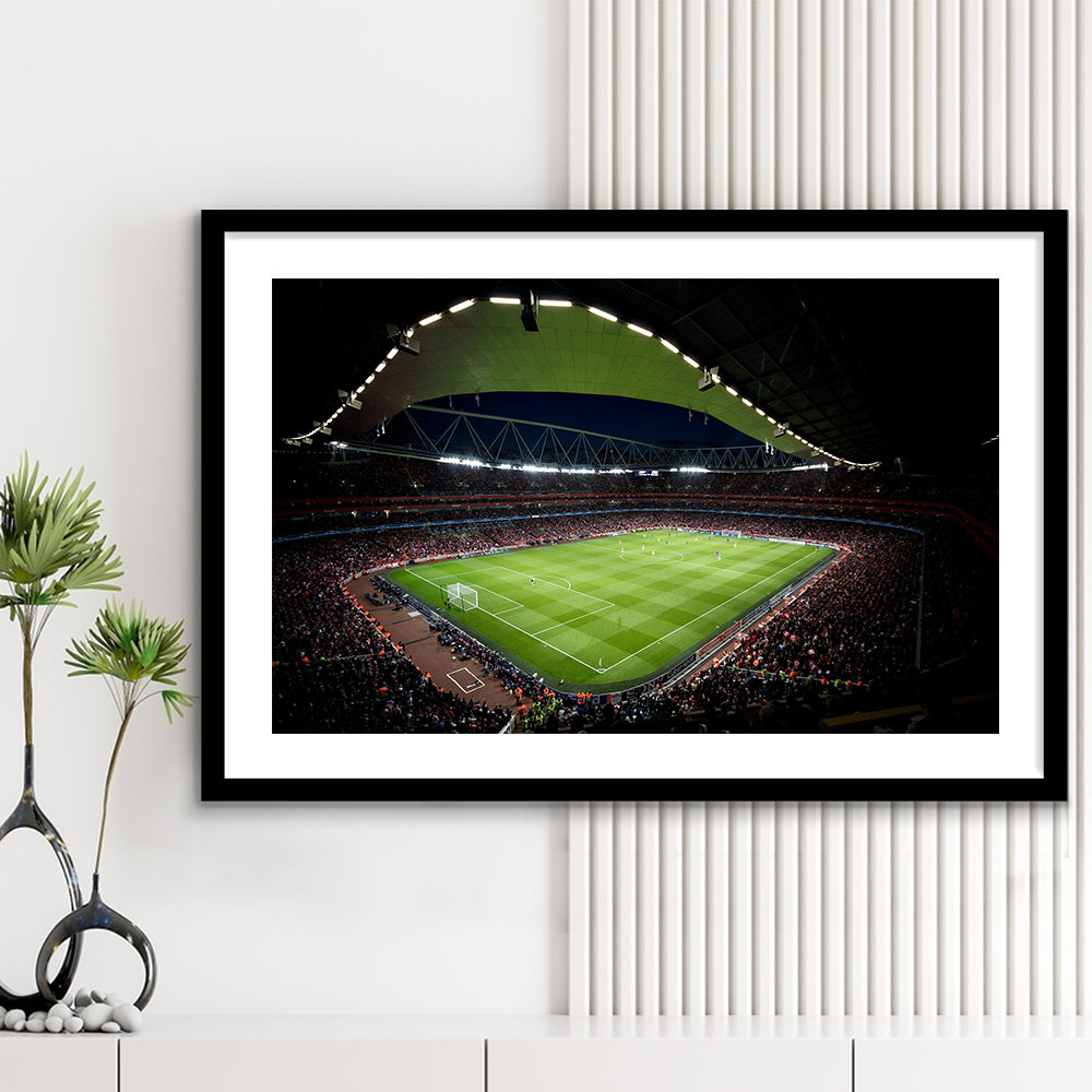 Arsenal Emirates Stadium at Night, Stadium Canvas, Sport Art, Gift for him, White Border Framed Art Print Wall Decor