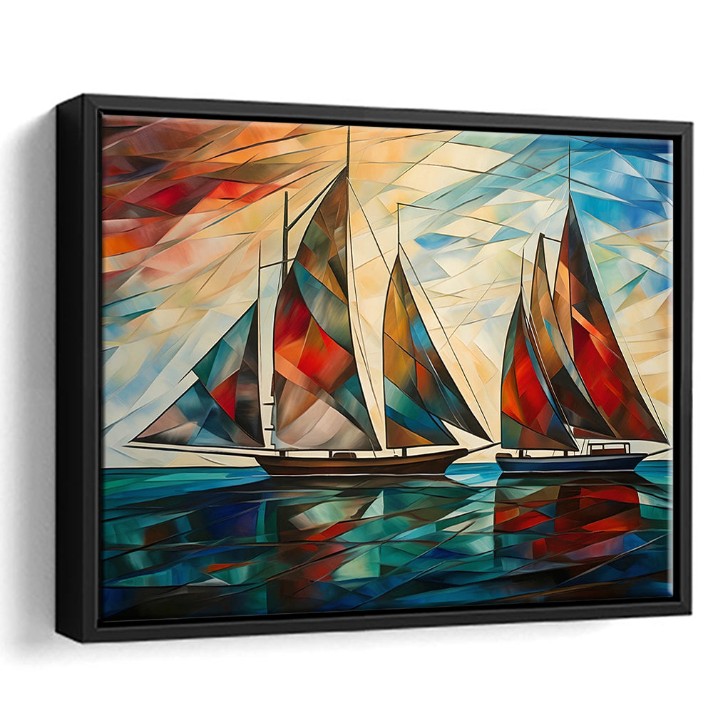 Art Deco, Sailboats At Sunset Painting, Maritime Wall Decor, Coastal Artwork, Framed Canvas Print Wall Art, Floating Frame