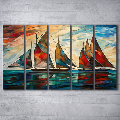 Art Deco, Sailboats At Sunset Painting, Maritime Wall Decor, 5 Panel B Canvas Print Wall Art, Extra Large Canvas