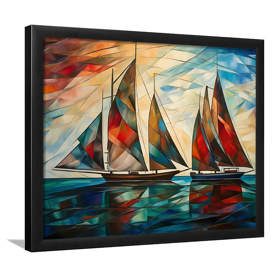 Art Deco, Sailboats At Sunset Painting, Maritime Wall Decor, Coastal Artwork, Framed Art Print Wall Decor, Picture Framed