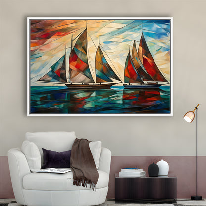 Art Deco, Sailboats At Sunset Painting, Maritime Wall Decor, Coastal Artwork, Framed Canvas Print Wall Art, Floating Frame