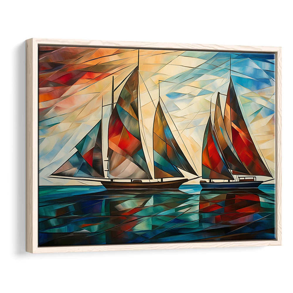 Art Deco, Sailboats At Sunset Painting, Maritime Wall Decor, Coastal Artwork, Framed Canvas Print Wall Art, Floating Frame