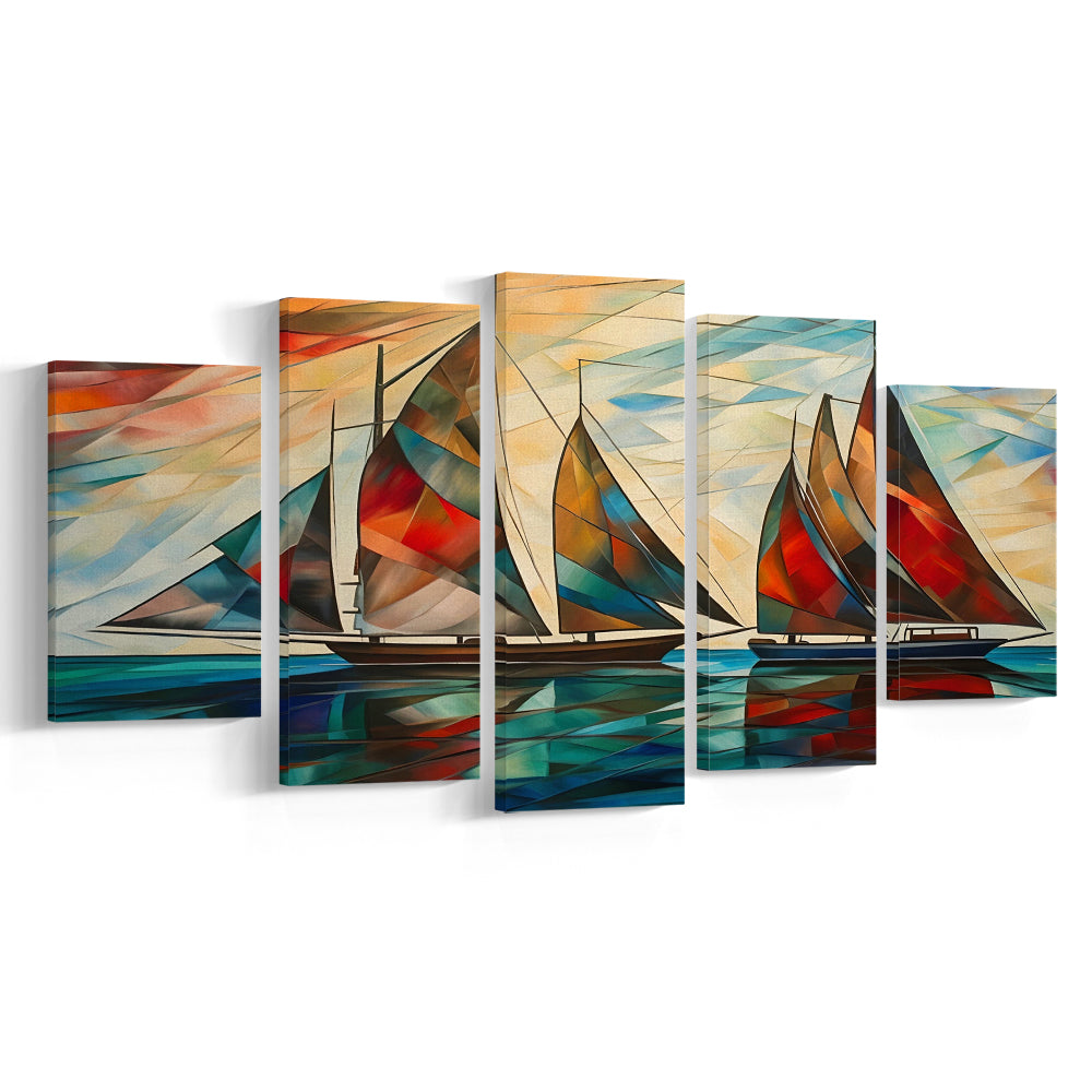 Sailboats At Sunset Painting, Maritime Wall Decor, Coastal Artwork, 5 Panel Mixed Canvas Print Wall Art, Large Canvas
