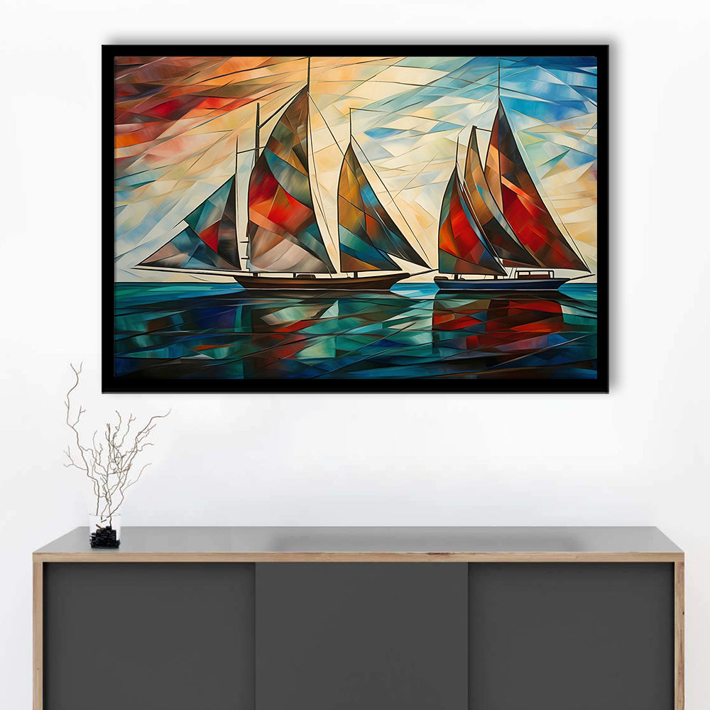 Art Deco, Sailboats At Sunset Painting, Maritime Wall Decor, Coastal Artwork, Framed Art Print Wall Decor, Picture Framed