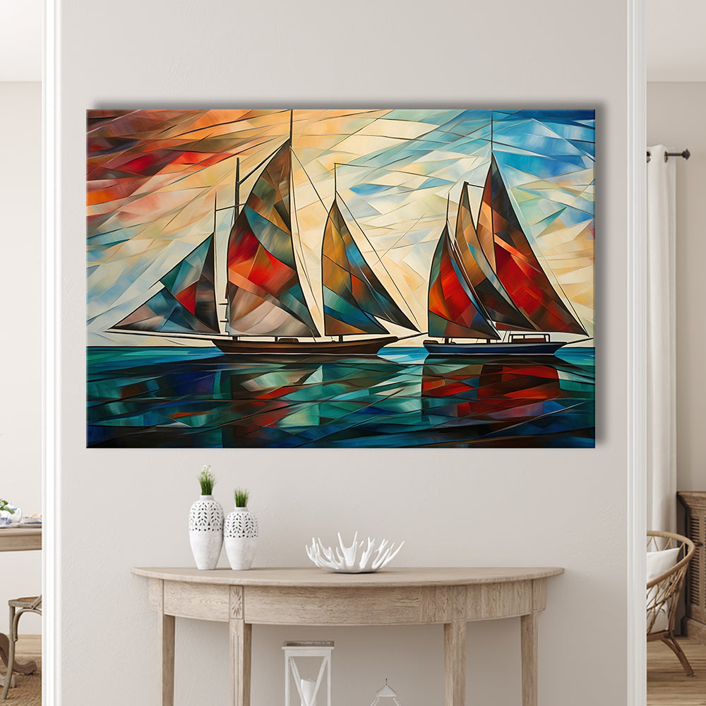Art Deco, Sailboats At Sunset Painting, Maritime Wall Decor, Coastal Artwork, Canvas Print Wall Art, Wall Decor, Painting Canvas