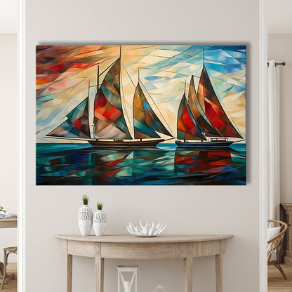 Art Deco, Sailboats At Sunset Painting, Maritime Wall Decor, Coastal Artwork, Canvas Print Wall Art, Wall Decor, Painting Canvas